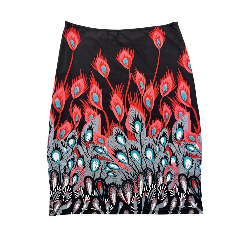 White Mark Womens Pencil Skirt Peacock Feather Print‎ Stretch Zip Y2K Medium Red
